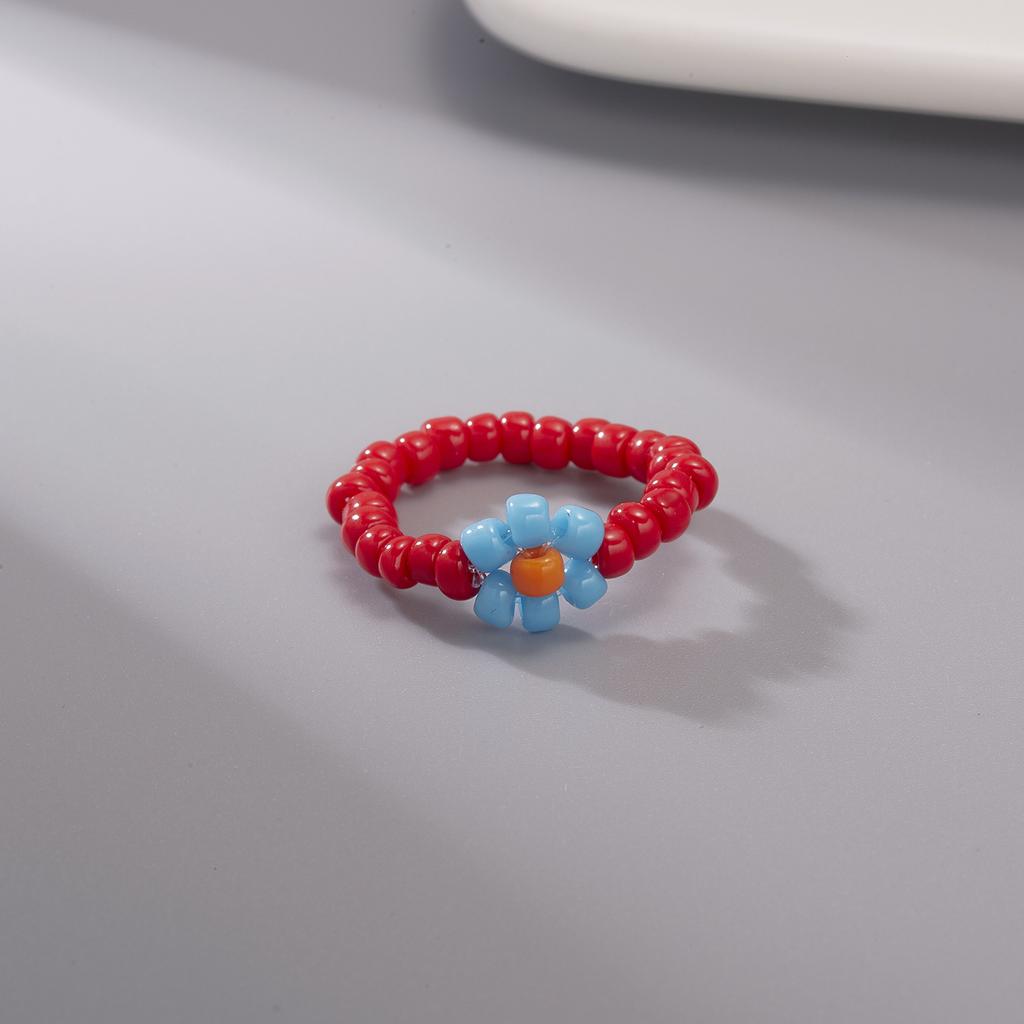Cute Colorful Flower Finger Ring Rice Beads Elastic Chain Beaded Ring For Women Girls Charm Temperament Jewelry Gift Adjustable