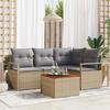 5-piece Garden Sofa Set with Beige Cushions Poly Rattan Acacia, 2-seater Garden Sofa with Beige Cushions 3347700
