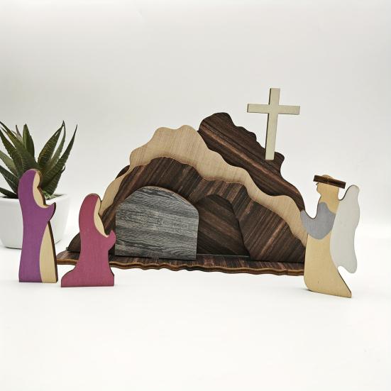 Easter Jesus Resurrection Scene Table Sign Wooden Empty Tomb Easter Decoration Home Office Table Shelf Catholic Religious Ornament Christian Gifts