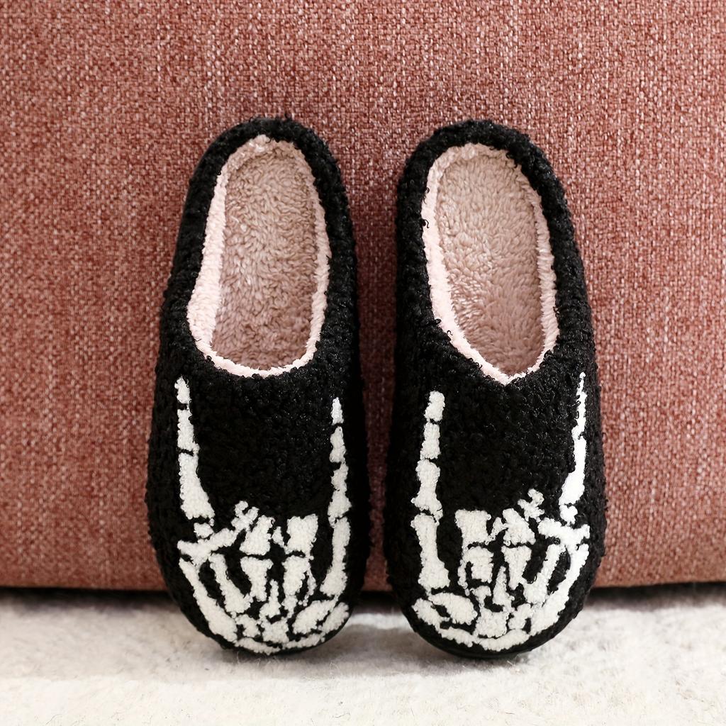 Halloween Gift - Skull Finger Bones Punk Style Plush Slip-On Slippers for Women & Men, Black & White Skeleton Design, Soft Fabric with Plush Lining