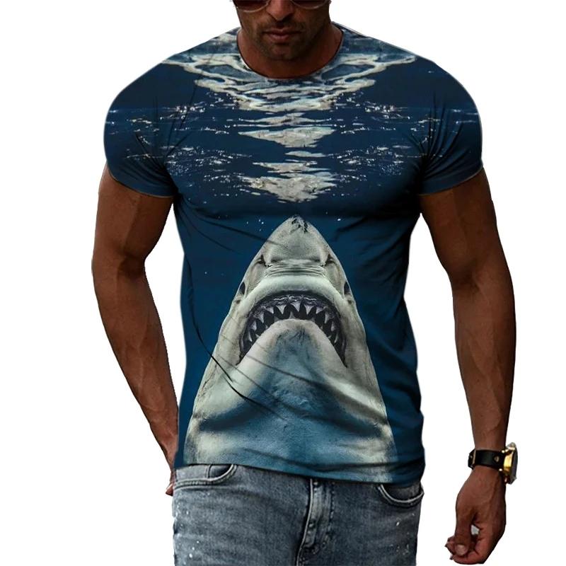 Hot New Men's T-Shirt with Large White Shark Print, Vintage Summer Casual Fashion, Crew Neck Short Sleeve Top