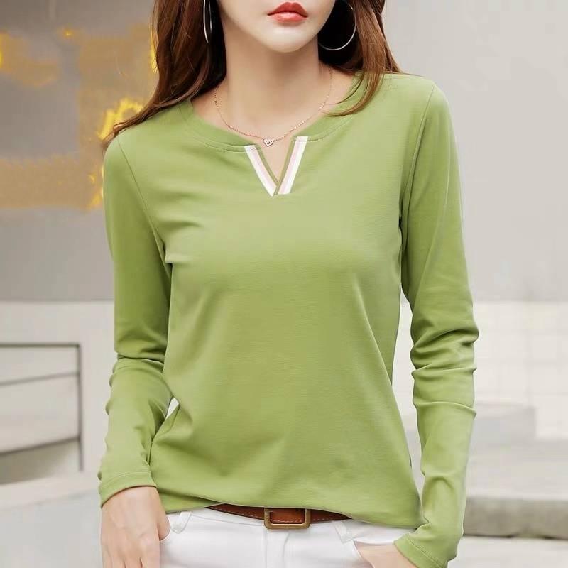 Damen Frühling und Herbst Bottoming Shirt Einfarbig Langarm V-Ausschnitt Pullover Tops