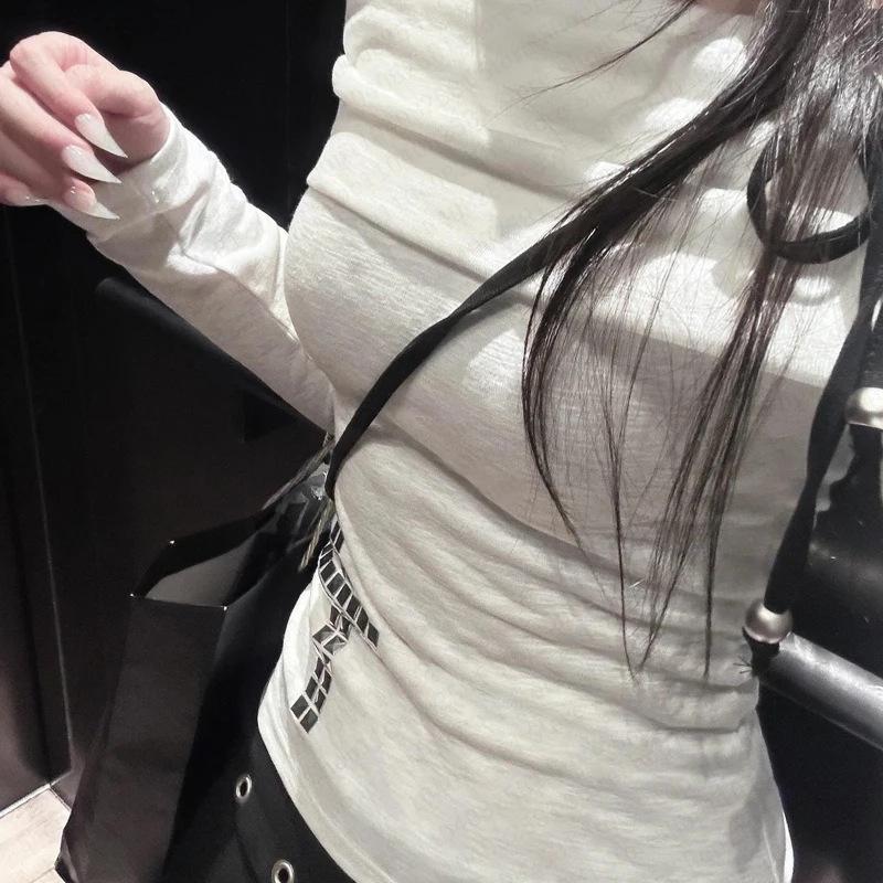 2025 Fashionable White Rhinestone One-Shoulder Long Sleeve Rivet Top