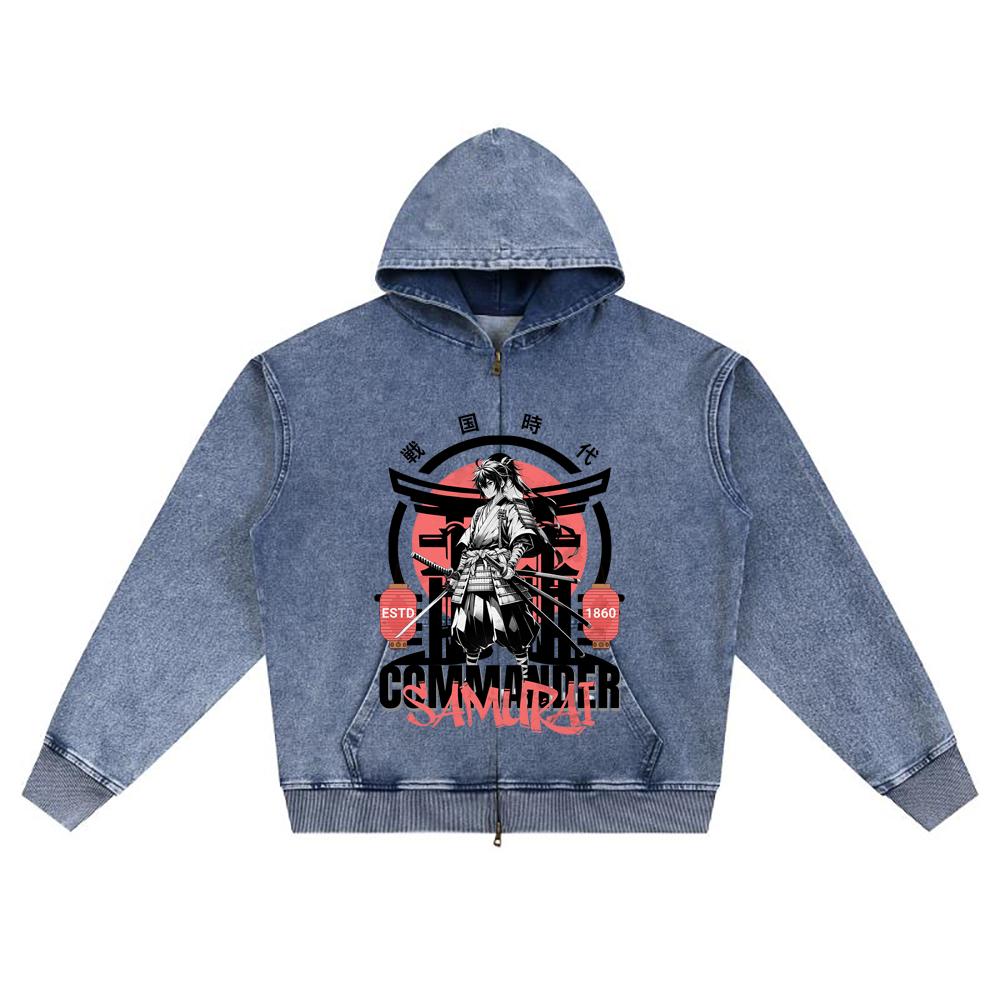 DTG Print Knitted Denim Zip-Up Hoodie Commander Samurai Brother Print Zipper Hoodies