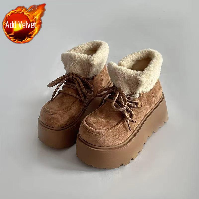 

Модные шнурованные массивные зимние ботинки для женщин, зимние ботильоны с круглым носком, увеличивающие рост, плюшевая женская обувь, новая рок-мода 2025, готические ботинки 39