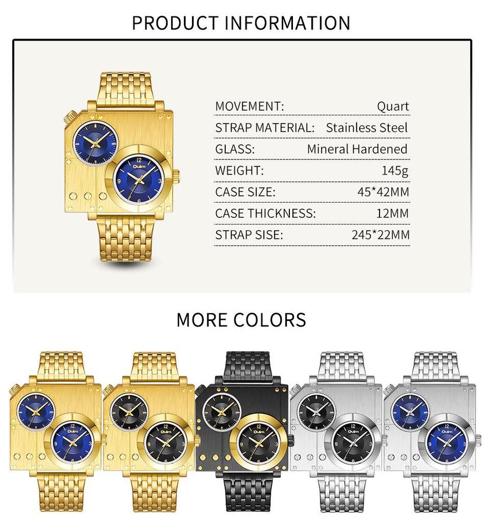 Oulm Men's Dual Time Zone Large Dial Quartz Watch with Steel Band, Gold, Hot Seller