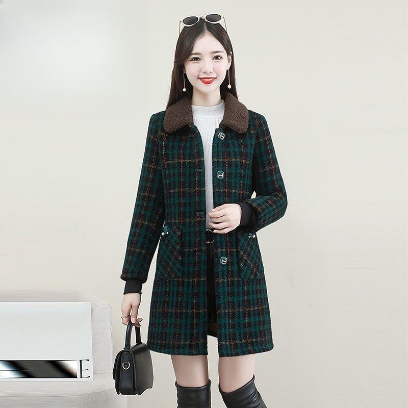 

Женское зимнее клетчатое пальто, стройнящее, с добавлением бархата и плотное, мамино большого размера, средней длины, стильное теплое пальто XXL зелёный