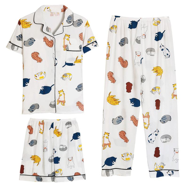 Summer Pajamas Women's Lazy Style Cartoon Kitten Cardigan Short-sleeved Three-piece Casual Women's Loungewear