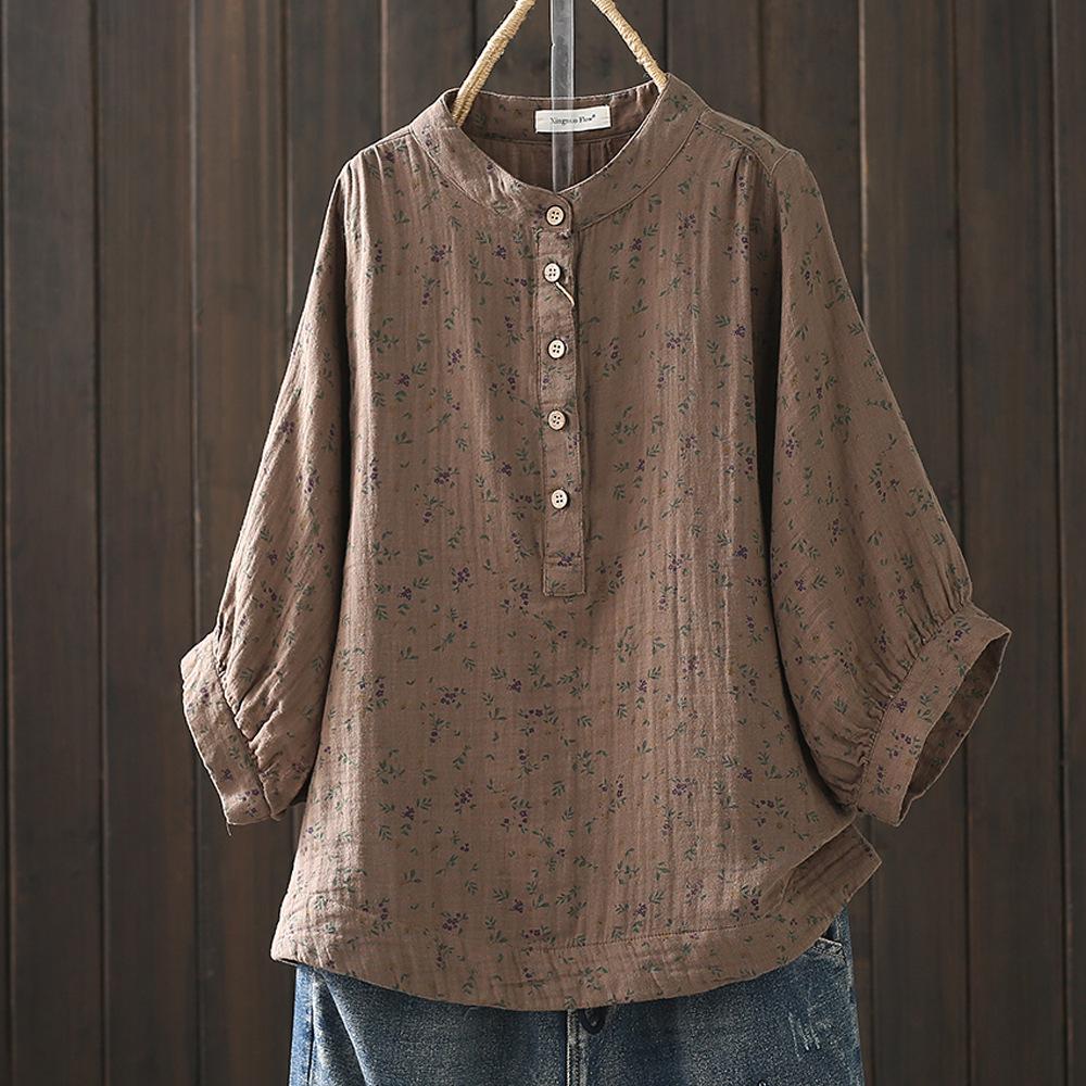 Women's Double-layer Cotton Yarn Shirt Floral Stand-up Collar Cotton Yarn Loose Shirt