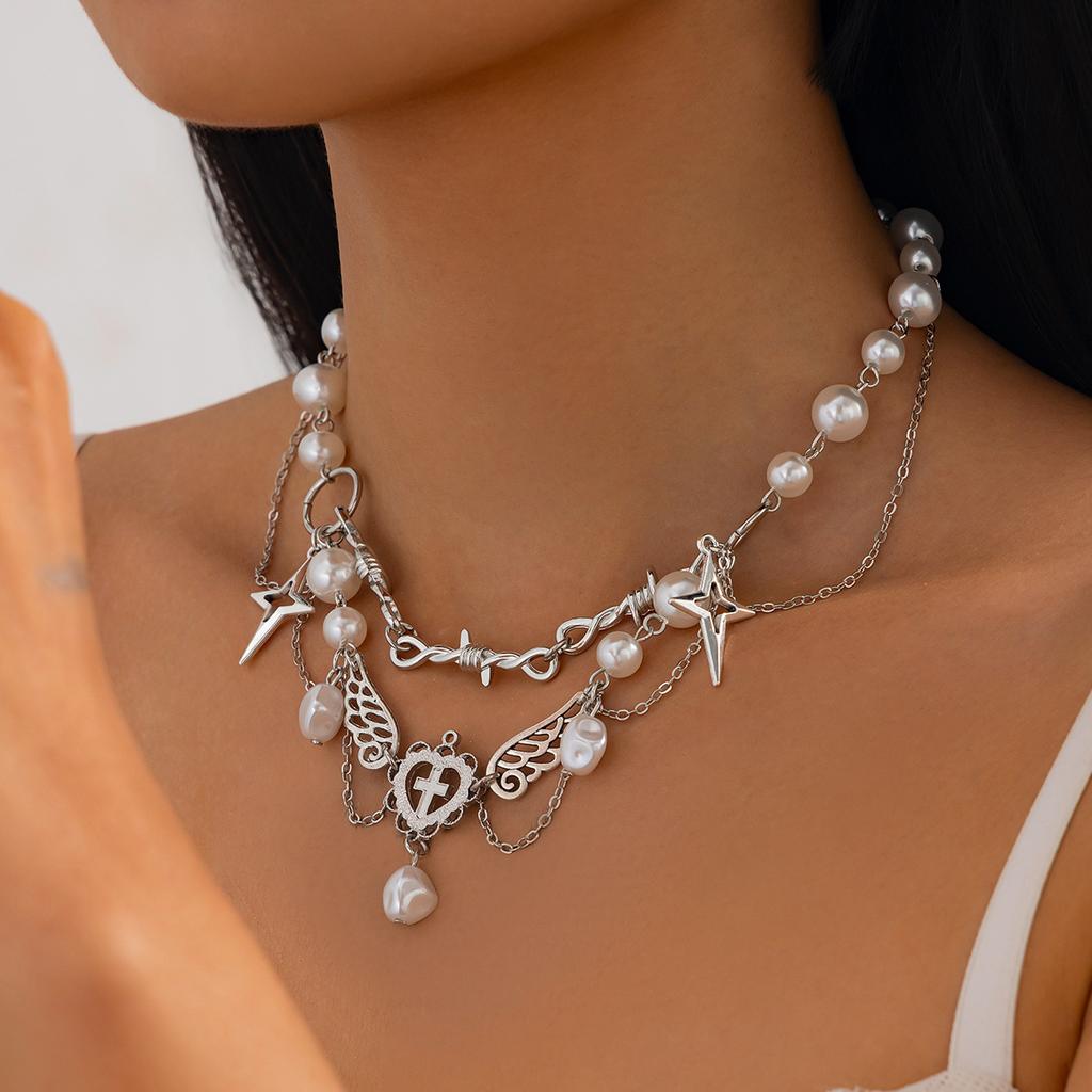 Sweet And Cool Wind Star Love Pendant Fringed Necklace, Creative Imitation Pearl Beaded Collarbone Necklace