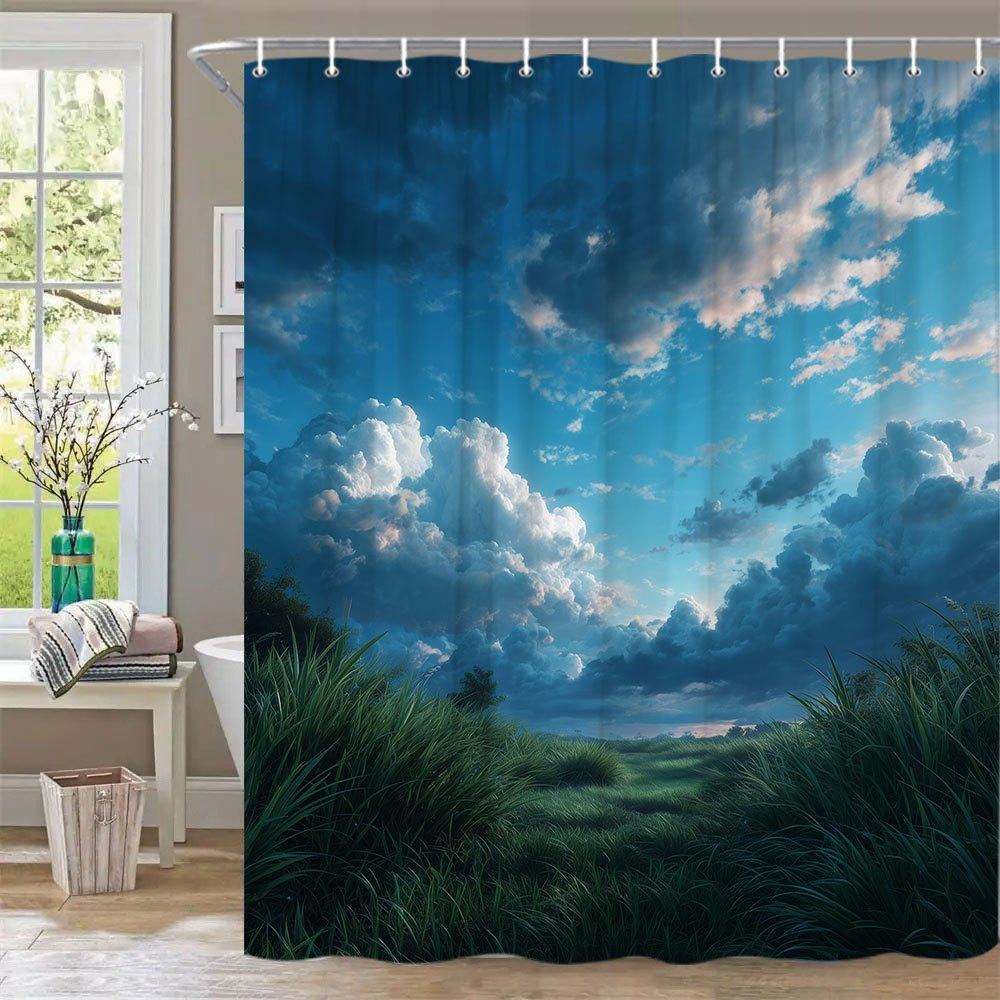 

1Pc Expansive Meadow Landscape Shower Curtain - Vibrant Partly Cloudy Sky, Fluffy Cumulus Clouds & Golden Sunrise Sunset Design W60H190(CM)-1 Pcs