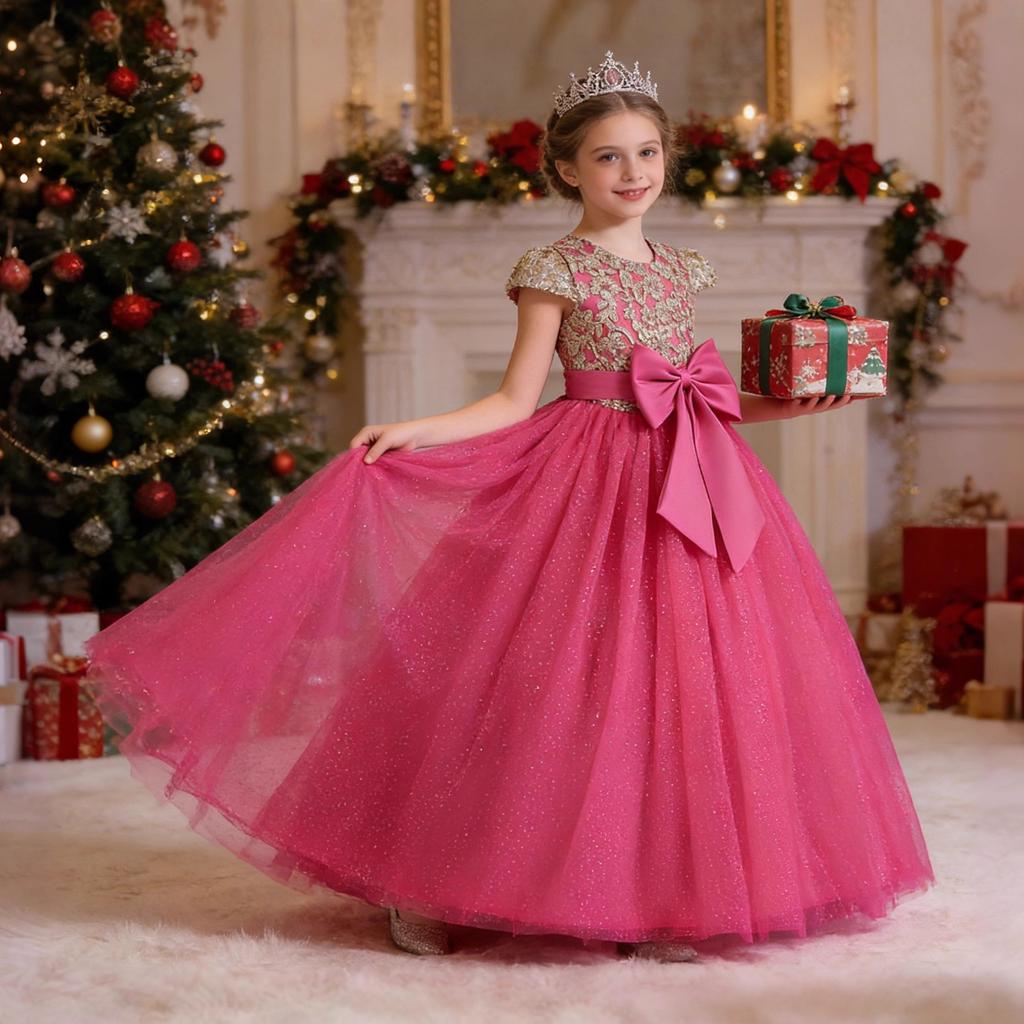 Sleeveless sequined wedding dress for older children in girls' dress. The flower girl performs a long princess dress.