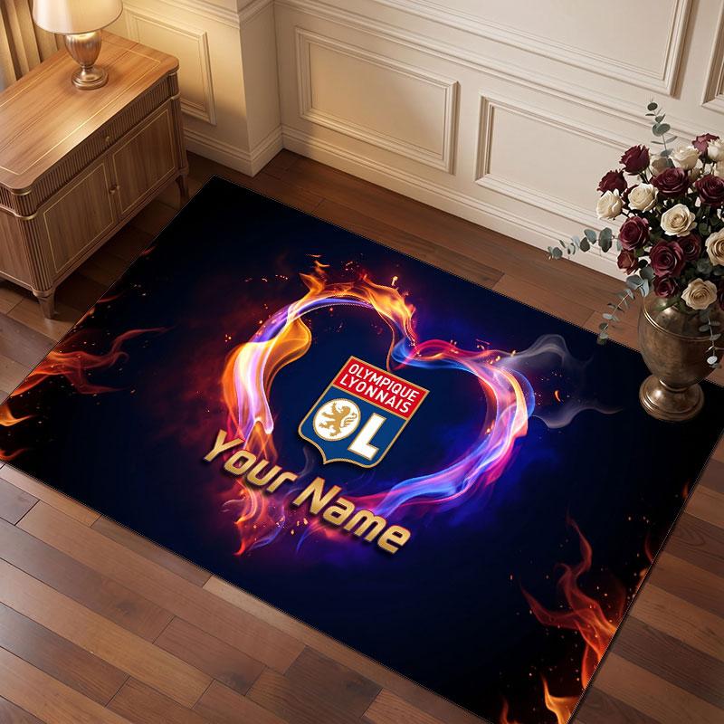 Lyon FC Custom Crystal Velvet Rug, Personalized Name Text Print, Football Logo Soft Non‑Slip Floor Mat Home Decor Gift