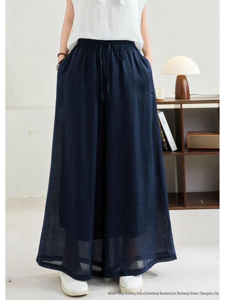 Linen Wide-Leg Pants - Spring 2026: Comfortable, Elastic Waist, Retro Artistic Style, Solid Color, Casual.