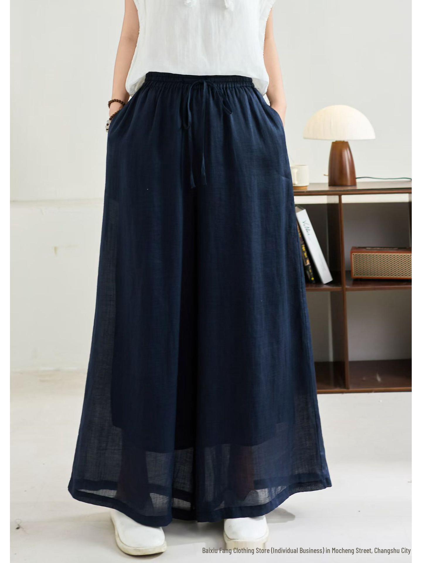 

Linen Wide-Leg Pants - Spring 2026: Comfortable, Elastic Waist, Retro Artistic Style, Solid Color, Casual. One Size