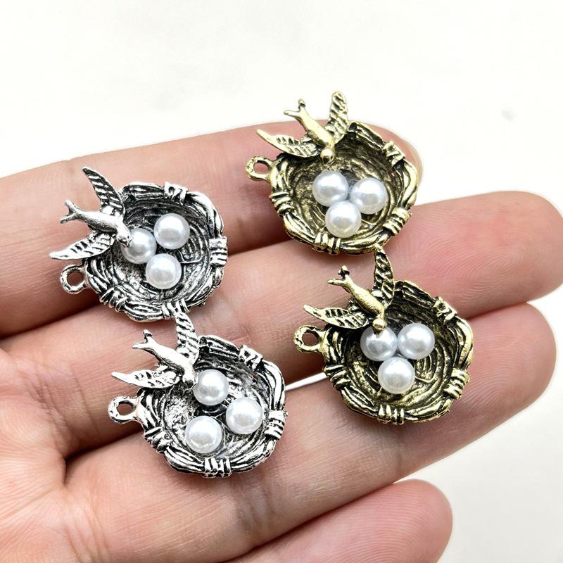 DIY Retro Alloy Bird's Nest Pendant with Oil Drop Design
