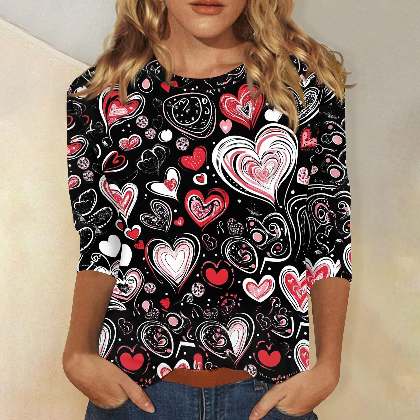 

Женская повседневная свободная футболка с круглым вырезом и принтом ко Дню святого Валентина с рукавами три четверти L чёрный