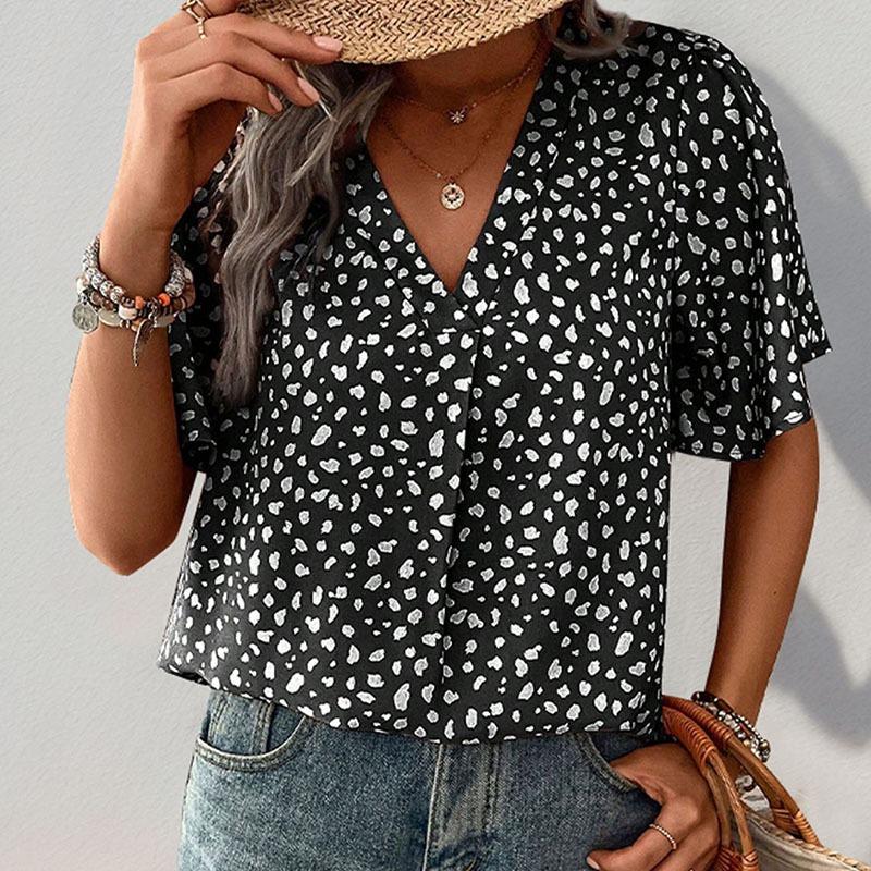 Women Leopard Print V Neck Short Sleeve Mid Length Casual Shirt