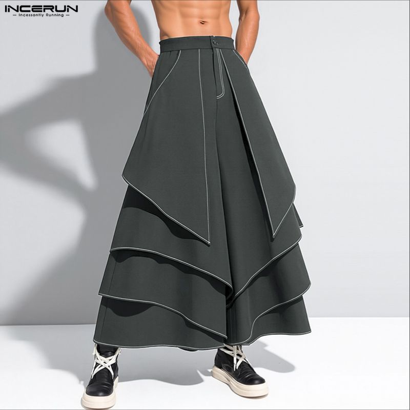 INCERUN Men Casual Loose Zipper Waist Front Irregular Layers Long Pants Trousers
