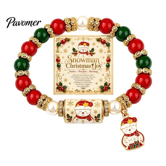 Holiday Gift for Women Christmas Bracelets Women, Beaded Charm Stretch Bracelet with Festive Snowman Jewelry Card, Stocking Stuffers, Party Accessory