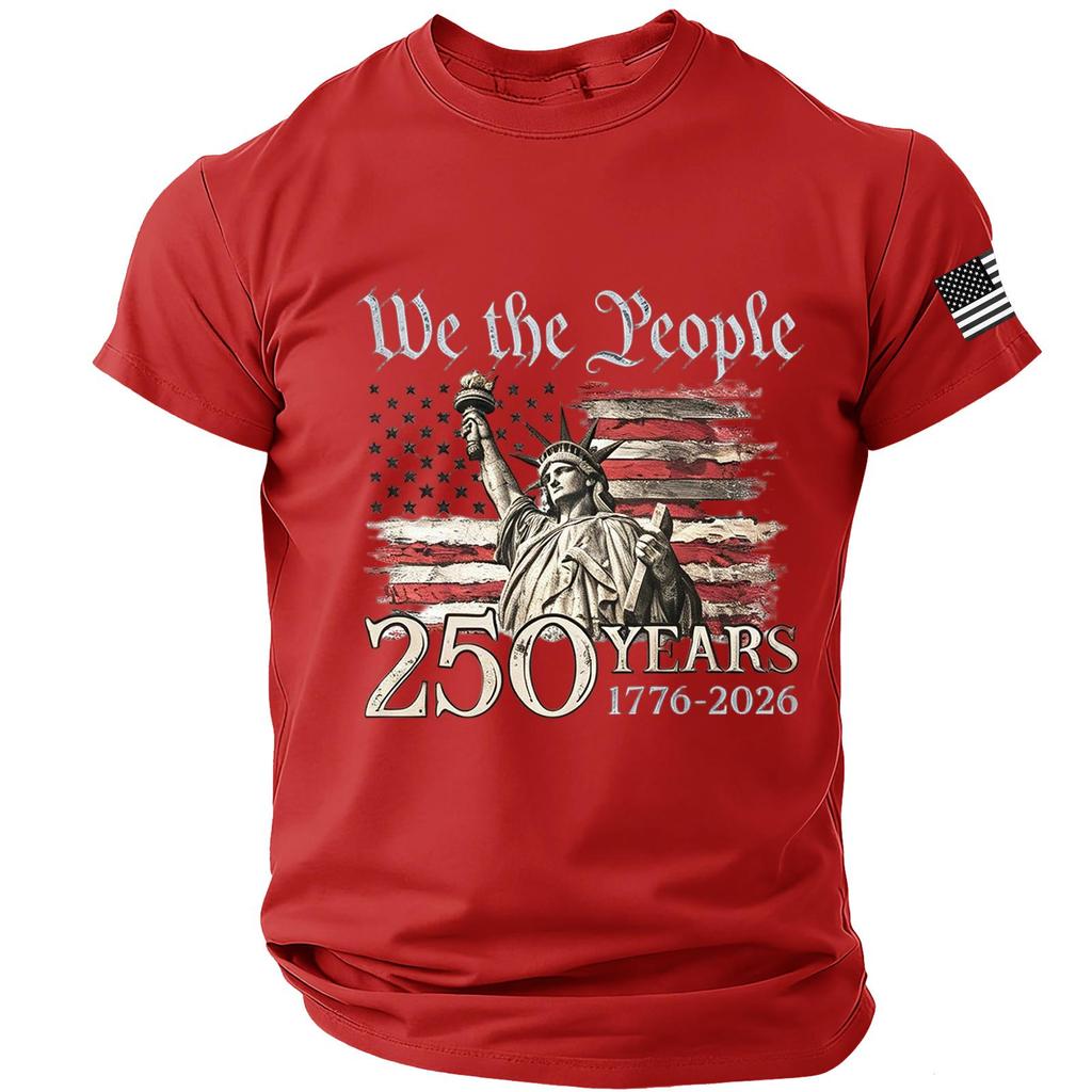 Męska koszulka z krótkim rękawem i okrągłym dekoltem z nadrukiem Statuy Wolności i flagi We The People 250 lat 1776 2026