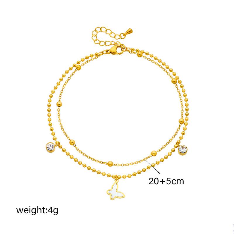 Gold Stainless Steel Double Layer Butterfly Anklet Shell Zircon Beaded Non-tarnish