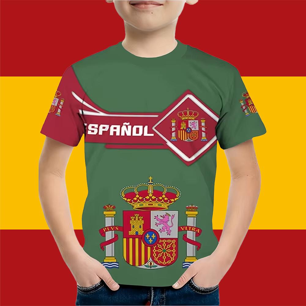 Boys Clothes Spanish Flag Graphic T-Shirt Vintage Casual Short Sleeved Kids Clothes 2-14Y Summer Outdoor Spanish Child Top Tee