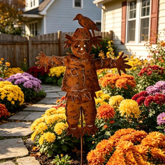 Metal Scarecrow Garden Stake, 27.36 Inches Rusty Scarecrow Yard Art Stake, Farmhouse Yard Sign with Stake, Rustic Outdoor Decoration for Lawn
