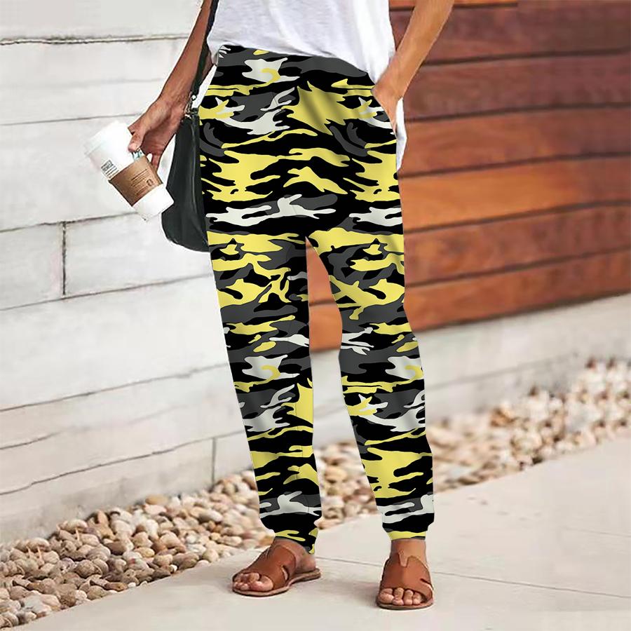 Women Camouflage Printing Pants Lace Up Elastic Waist Loose  Trousers Casual Long Pants Trousers with Pockets