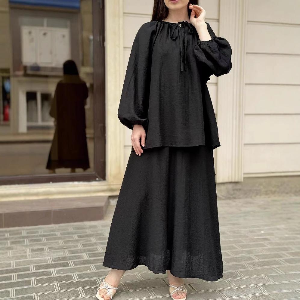 Women's 2025 Spring Muslim Style Puff Sleeve Top & Swing Skirt Set