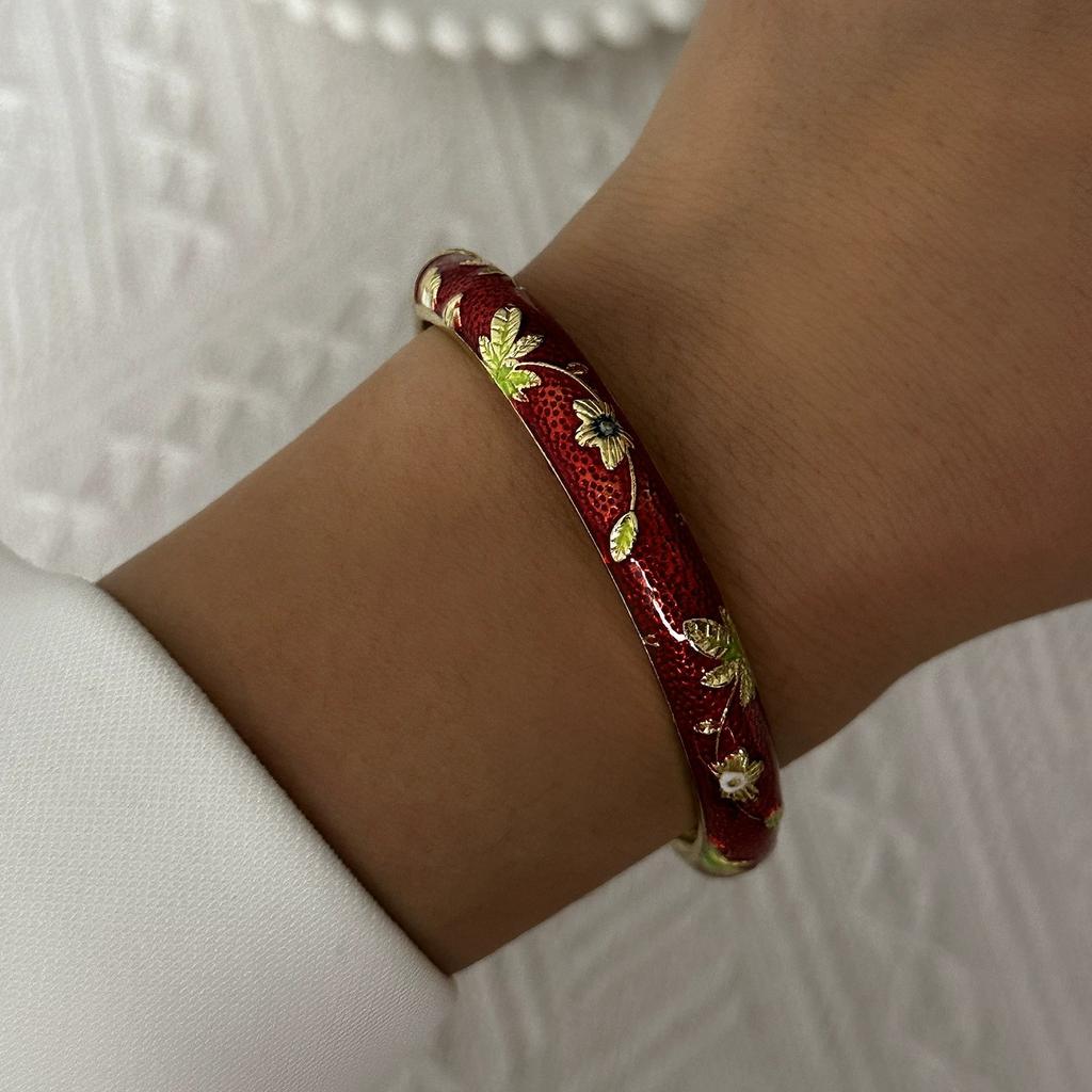 Retro New Trend Enamel Dropped Glaze Flower Texture Bracelet for Women Unique Design Evil Eye Floral Zircon Bangle Party Jewelry