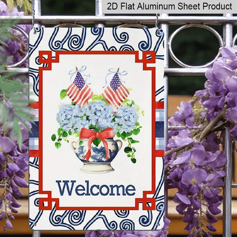 2D Flat, 1pc Patriotic "Welcome" Hydrangea Aluminium Sign - 8"x12" Rustic Red White Blue Decor, USA Flag & Floral Porch Art, Perfect for Independence