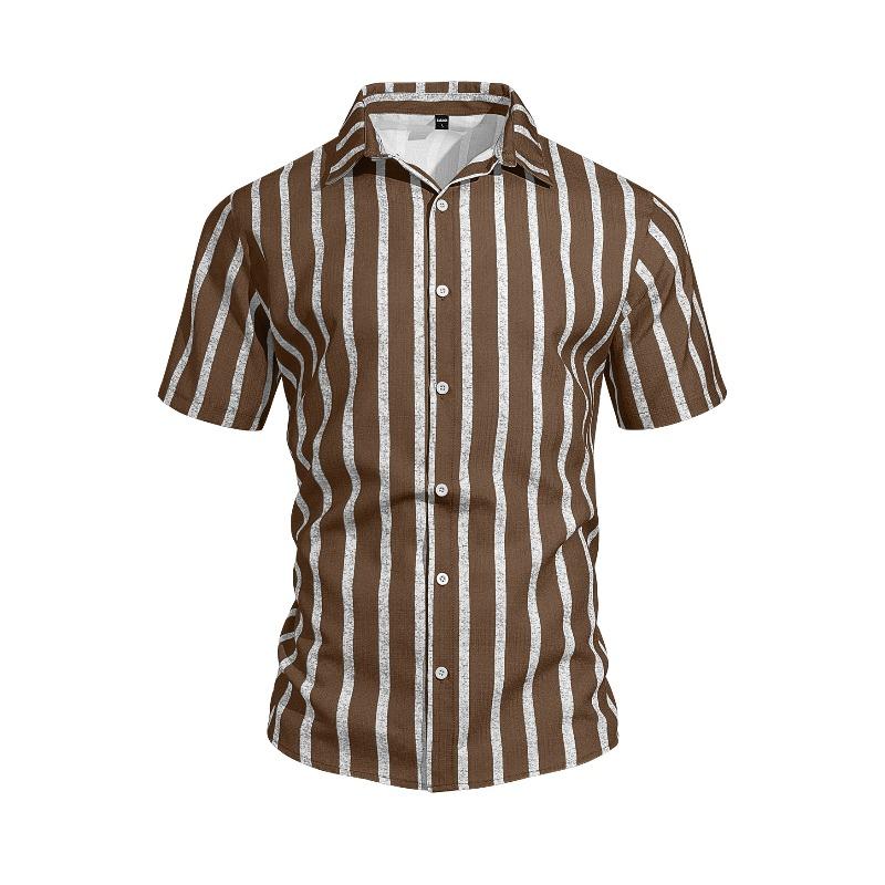 Summer Casual Short Sleeve Shirt Vertical Stripe Pattern Men Daily Blouse Fashion Regular Fit Men Striped Turn Collar Short Sleeve Shirt