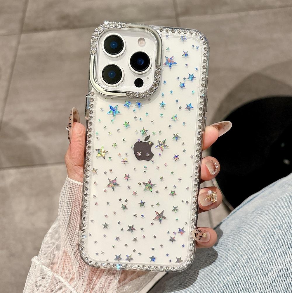 Luxury Laser Stars Rhinestone Bumper Phone Case For iPhone 16 15 14 13 12 11 Pro Max Plus IMD Transparent Shockproof Cases Cover