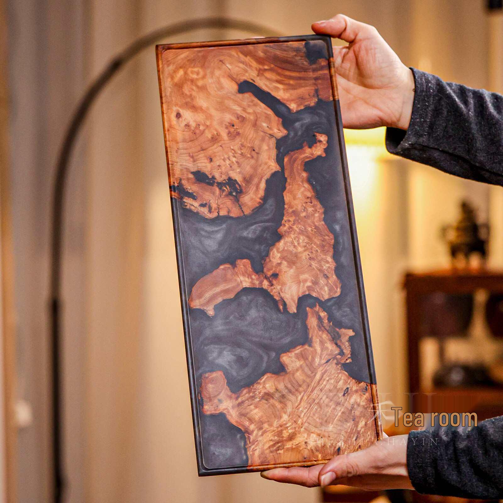 Hedgehog Tea Tray: Purple Sandalwood Burl with Epoxy Resin and Wabi-sabi Root Carving, Wall Art Style