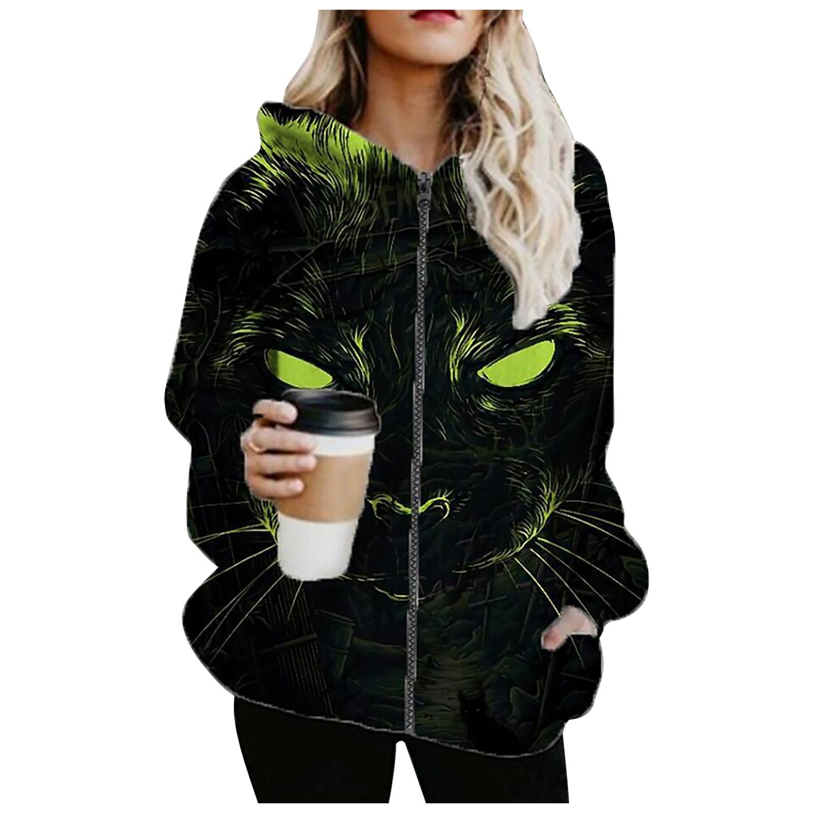 

(SU)Женская мода с капюшоном Шнурок с принтом Длинный рукав Длинный карман Молния Пальто