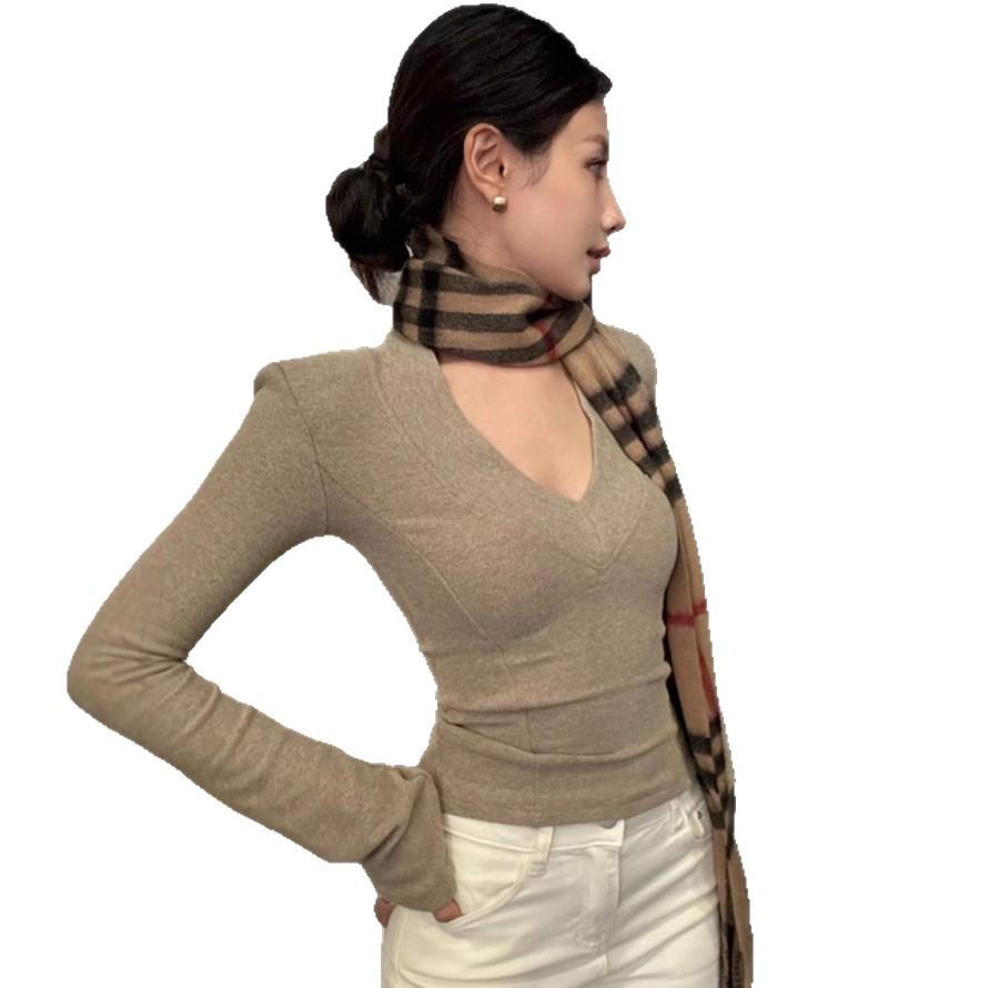 Women's Slim Fit V-Neck Knit Top - Long Sleeve, Elastic Base Layer for Autumn/Winter