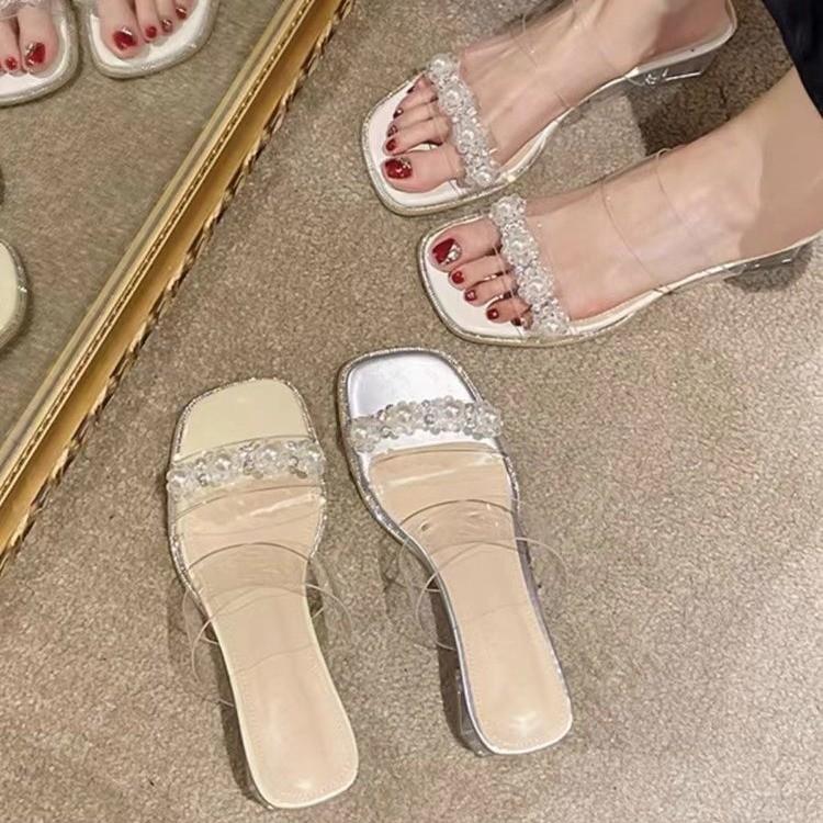 Summer Transparent Women's Slippers Square Toe Ladies Sandals Glitter Crystal Pearl Studs Sandals Comfortable Elegant Slippers