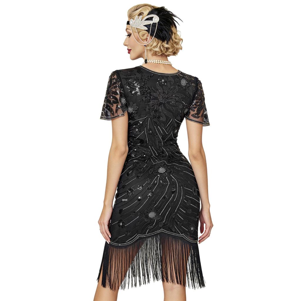 Großformatiges Vintage Gatsby Pailletten Perlen Cocktailkleid mit Quasten Netzrock