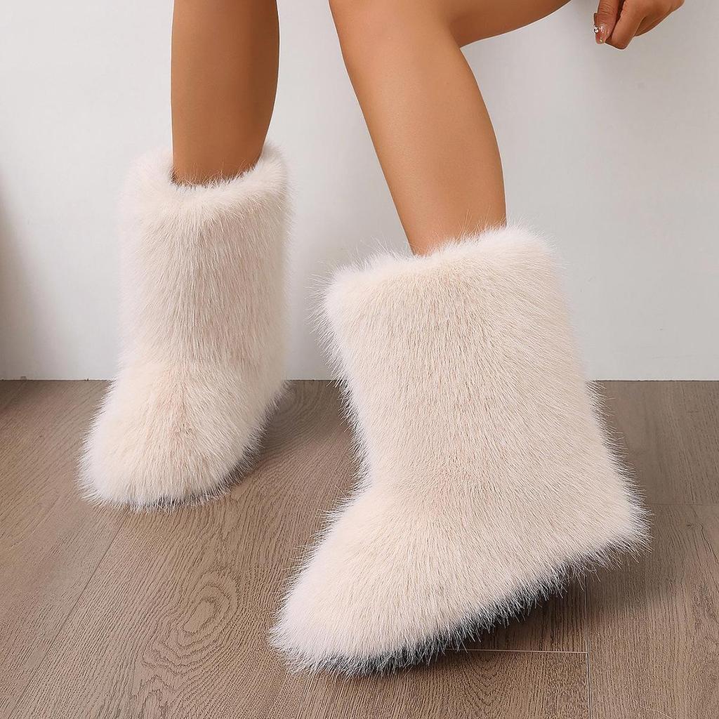 Europeiska Y2K Dam Mid-Calf Pälssnöskor - Varma, Moderiktiga, Plattbottnade Vinterstövlar