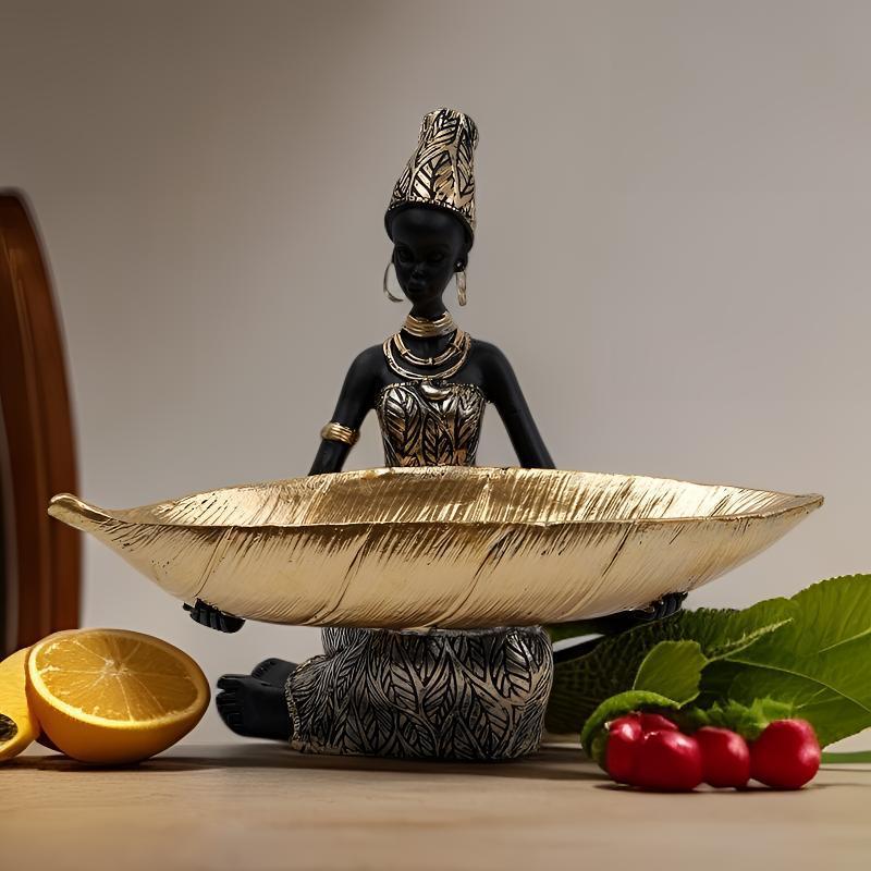 African Girl Holding A Plate Sculpture, Home And Office Decorative Storage Ornament, Vintage Collectible Craft Deskt Decor