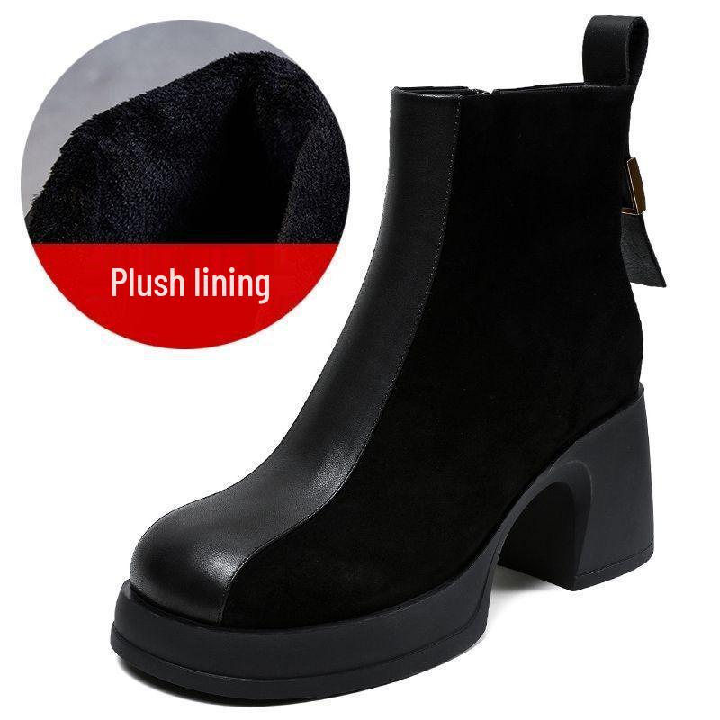 Korean Style Slimming Square Toe Suede Ankle Boots - Women's Thick Sole Platform Sock Boots for Autumn/Winter