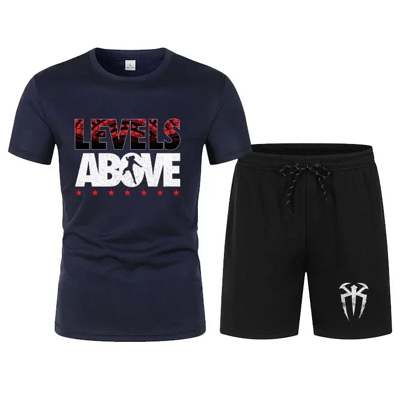 Bărbați's Black Roman Reigns Levels Above T-shirt Shorts Set de vară cu mânecă scurtă Bărbat Overiszed costume Seturi de îmbrăcăminte la modă noi