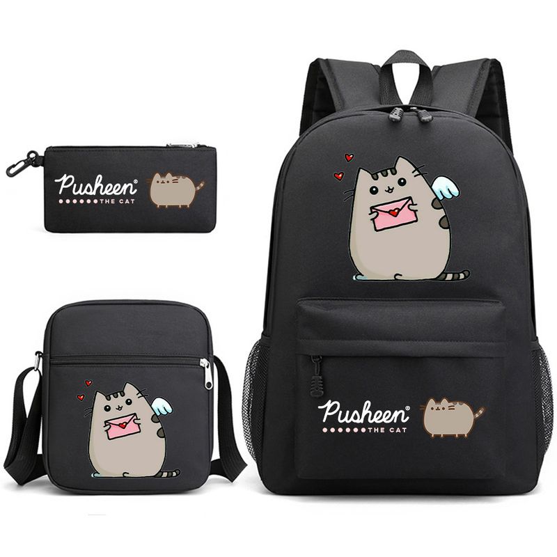 

Pusheen Fat Chihuahua Three-Piece School Bag Casual Male and Female Students Backpack Print Large Capacity Outdoor Backpack Black ~ 1 | 3-piece set