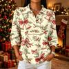 Women's Casual Christmas Print Button Down Top with Notched Collar and Three-Quarter Sleeves