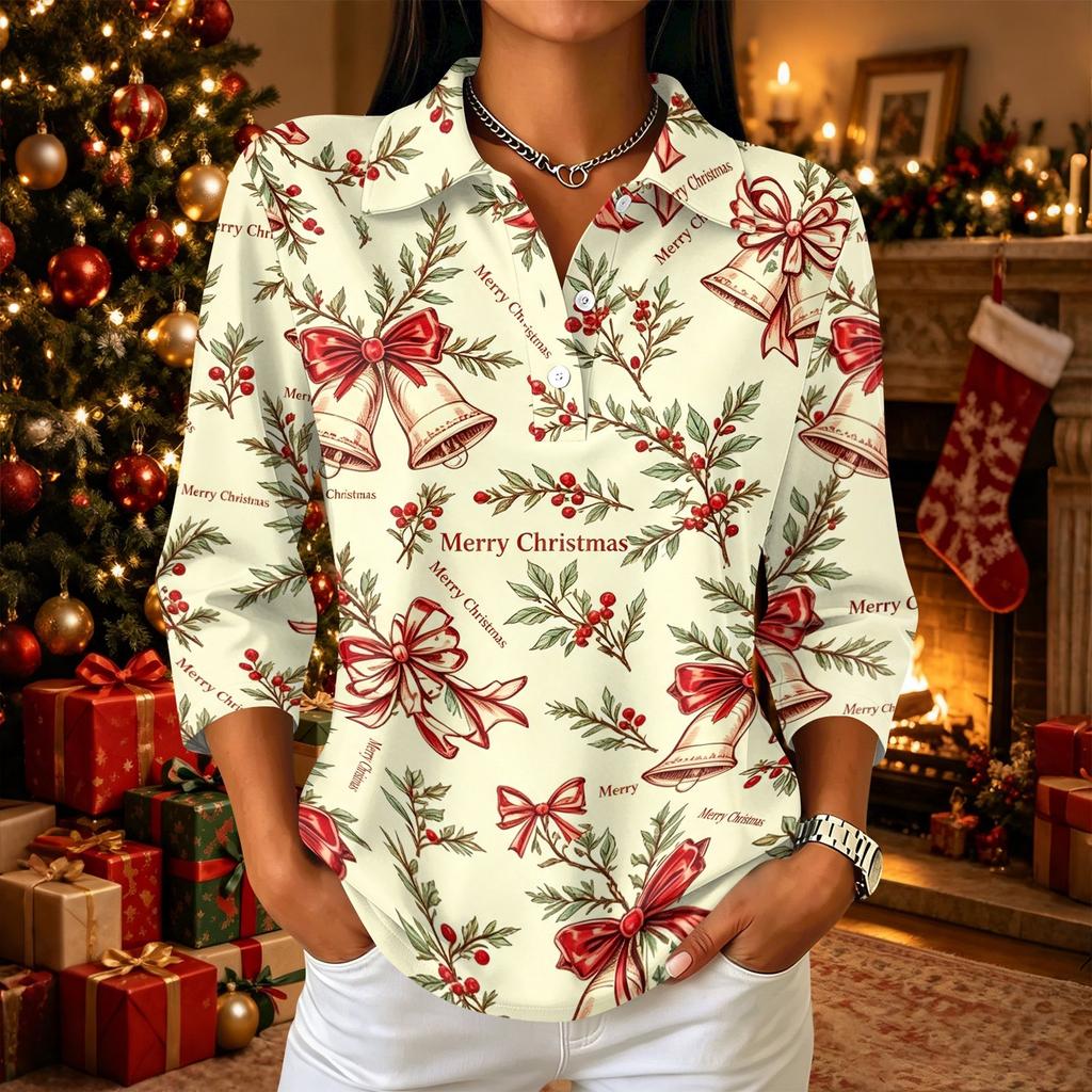 Women's Casual Christmas Print Button Down Top with Notched Collar and Three-Quarter Sleeves