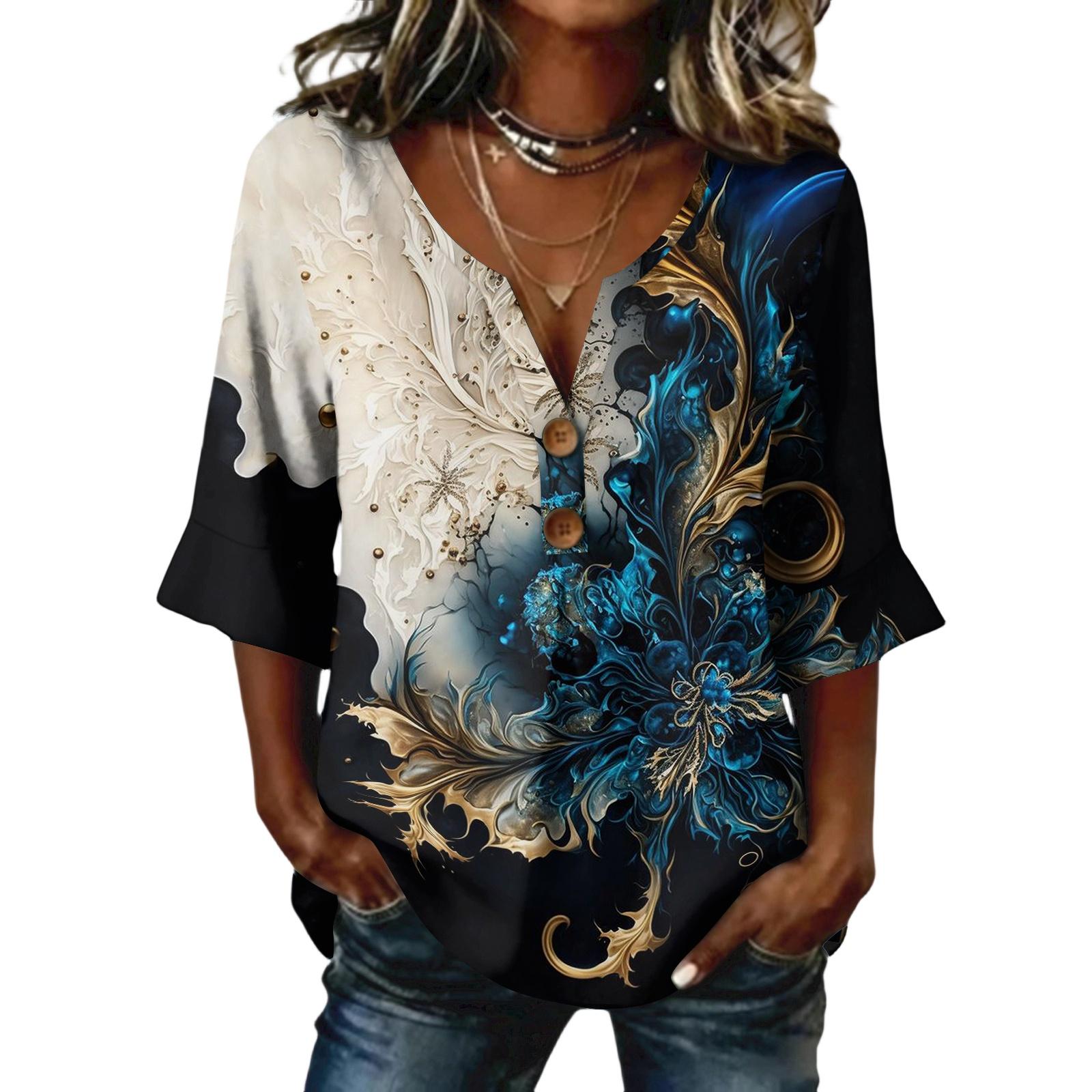 

Ladies floral print button casual V-neck fashionable seven quarter sleeve top S бежевый