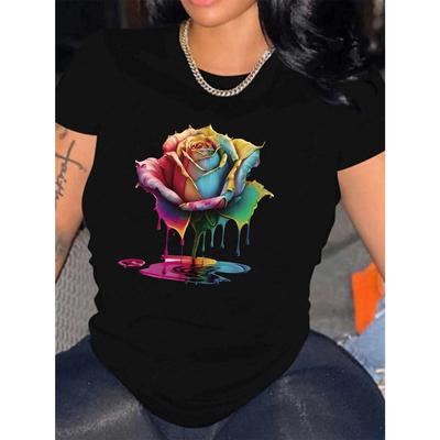 Flower Pattern Print T-shirt Short Sleeve Crew Neck Casual Top for Summer & Spring Women's Clothing