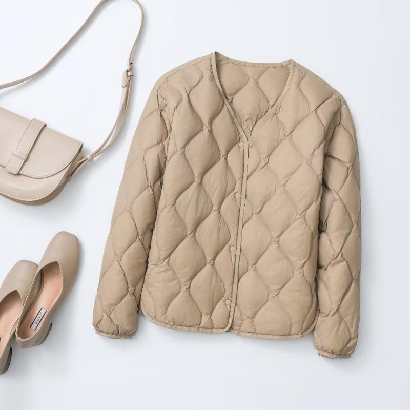 Autumn and Winter Short Rhombus Round Neck Collarless Light Down Jacket Women's White Duck Down Liner with Casual Jacket