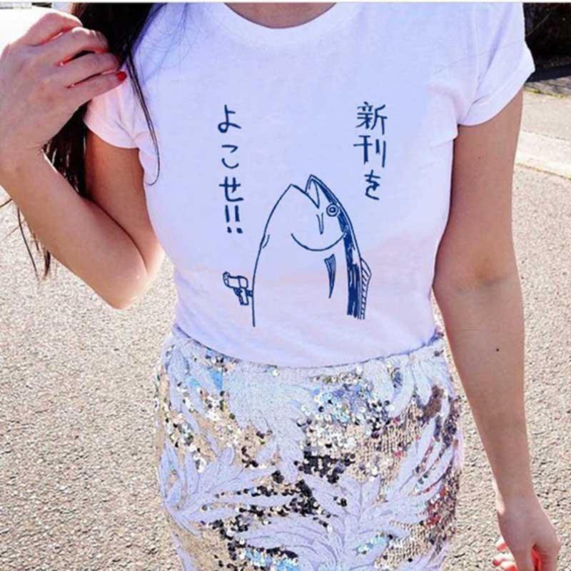 Cute Fish Pattern Funny Summer Tops and Tee Short Sleeve O-neck Women White T-shirt